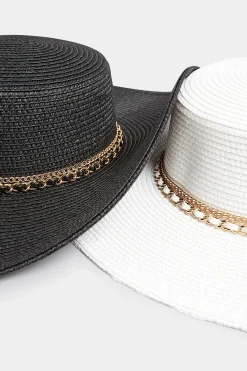 Yours Yours Black Chain Straw Wide Brim Boater Hat
