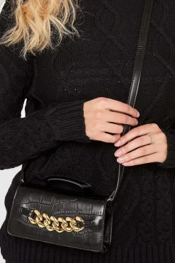 Yours Yours Black Croc & Gold Chain Mini Bag