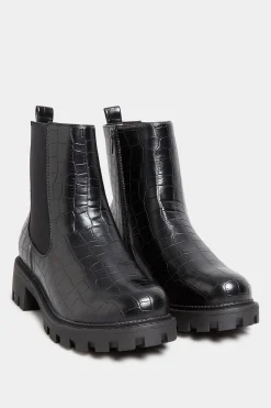 Yours Yours Black Croc Chunky Chelsea Boots In Wide E Fit & Extra Wide Eee Fit