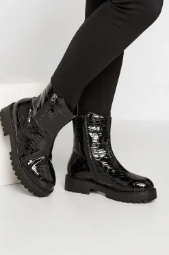 Yours Yours Black Croc Patent Side Zip Boots In Extra Wide Eee Fit