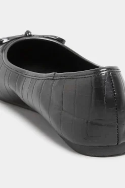 Yours Yours Black Croc Print Ballet Pumps In Wide E Fit & Extra Wide Eee Fit