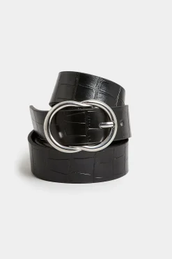 Yours Yours Black Croc Twisted Oval Buckle Belt