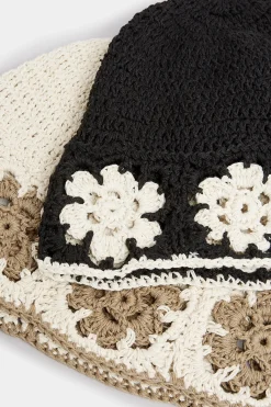 Yours Yours Black Crochet Contrast Edge Bucket Hat