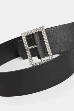 Yours Yours Black Diamante Buckle Wide Belt