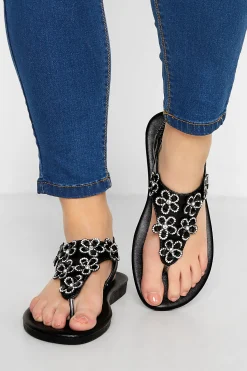 Yours Yours Black Diamante Flower Sandals In Wide E Fit & Extra Wide Eee Fit