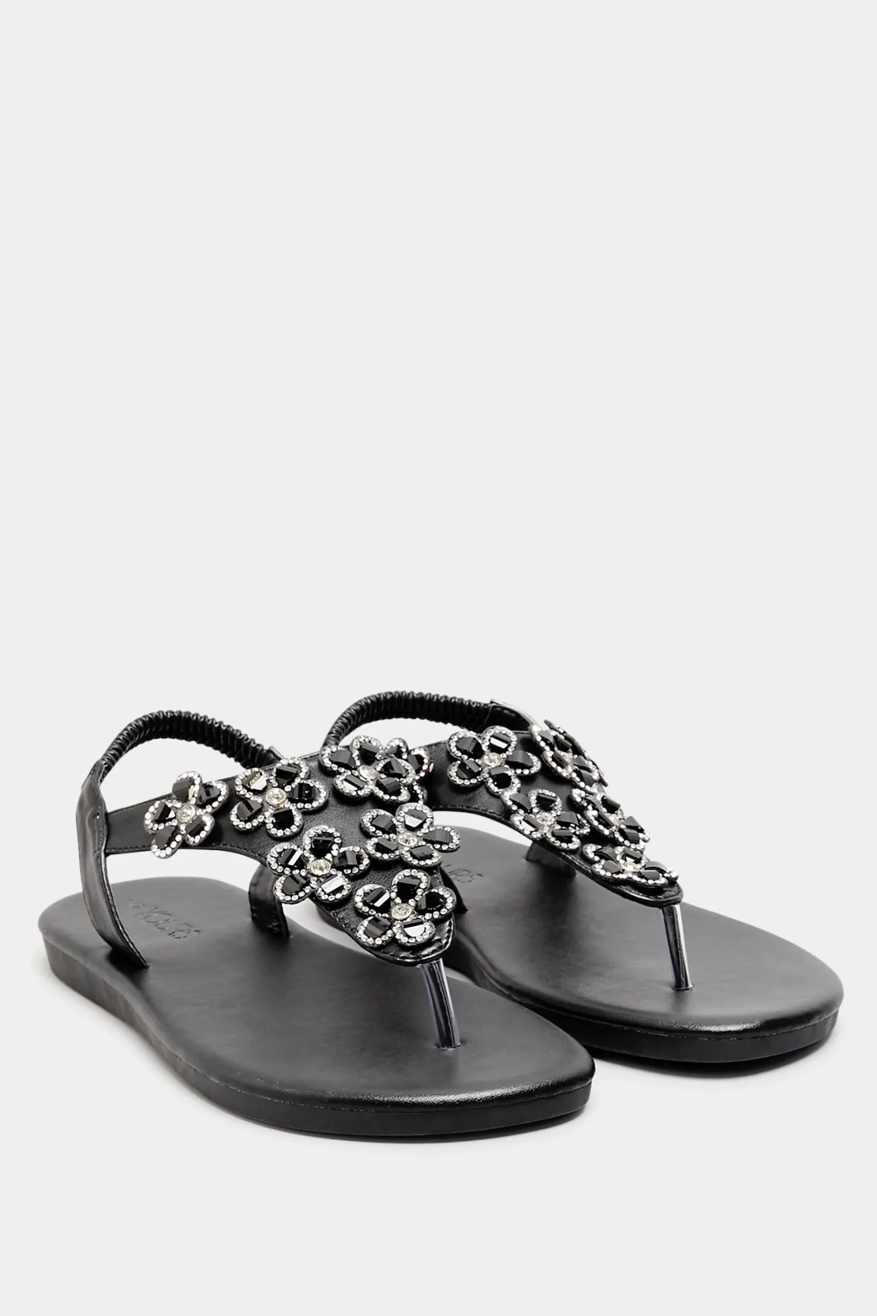 Yours Yours Black Diamante Flower Sandals In Wide E Fit & Extra Wide Eee Fit