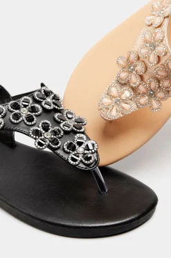 Yours Yours Black Diamante Flower Sandals In Wide E Fit & Extra Wide Eee Fit