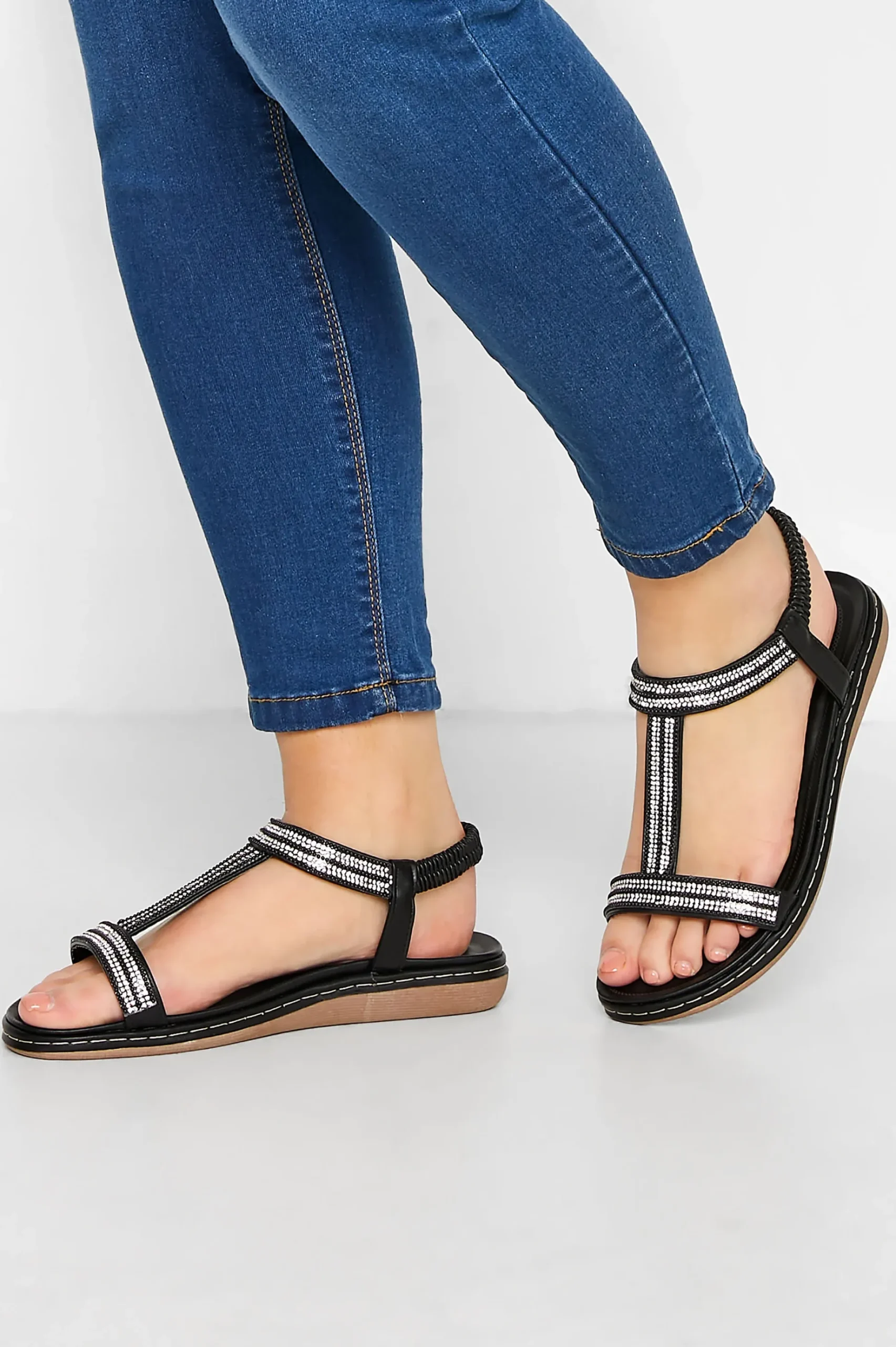 Yours Yours Black Diamante Strap Sandals In Extra Wide Eee Fit