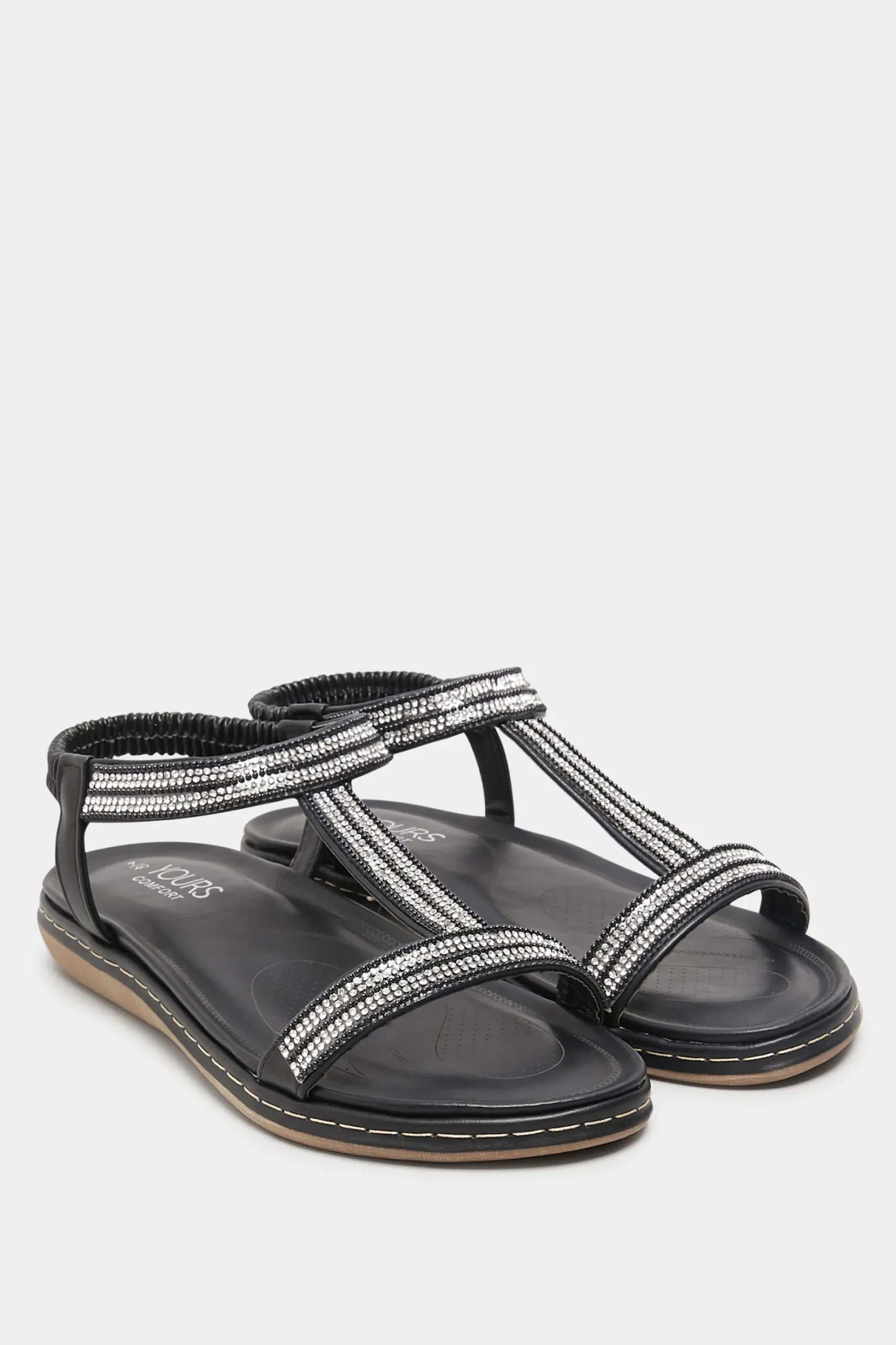 Yours Yours Black Diamante Strap Sandals In Extra Wide Eee Fit