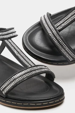 Yours Yours Black Diamante Strap Sandals In Extra Wide Eee Fit