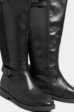 Yours Yours Black Double Strap Knee High Boots In Wide E Fit & Extra Wide Eee Fit