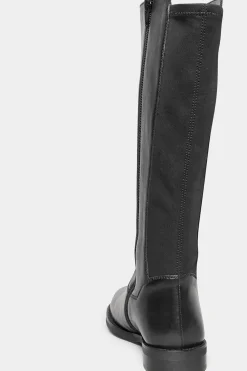 Yours Yours Black Elasticated Knee High Leather Boots In Wide E Fit & Extra Wide Eee Fit