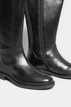 Yours Yours Black Elasticated Knee High Leather Boots In Wide E Fit & Extra Wide Eee Fit
