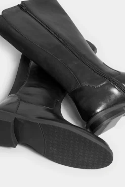 Yours Yours Black Elasticated Knee High Leather Boots In Wide E Fit & Extra Wide Eee Fit