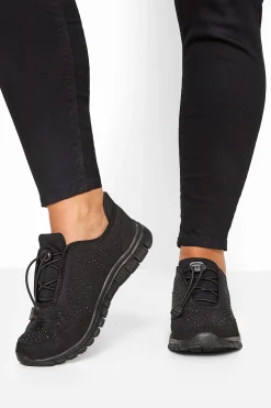 Yours Yours Black Embellished Drawcord Trainers In Wide E Fit & Extra Wide Eee Fit