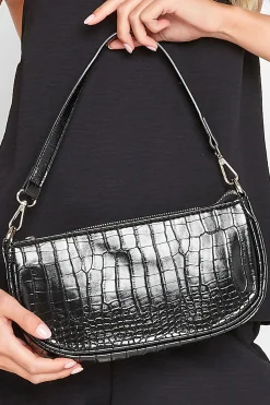 Yours Yours Black Faux Croc Shoulder Bag