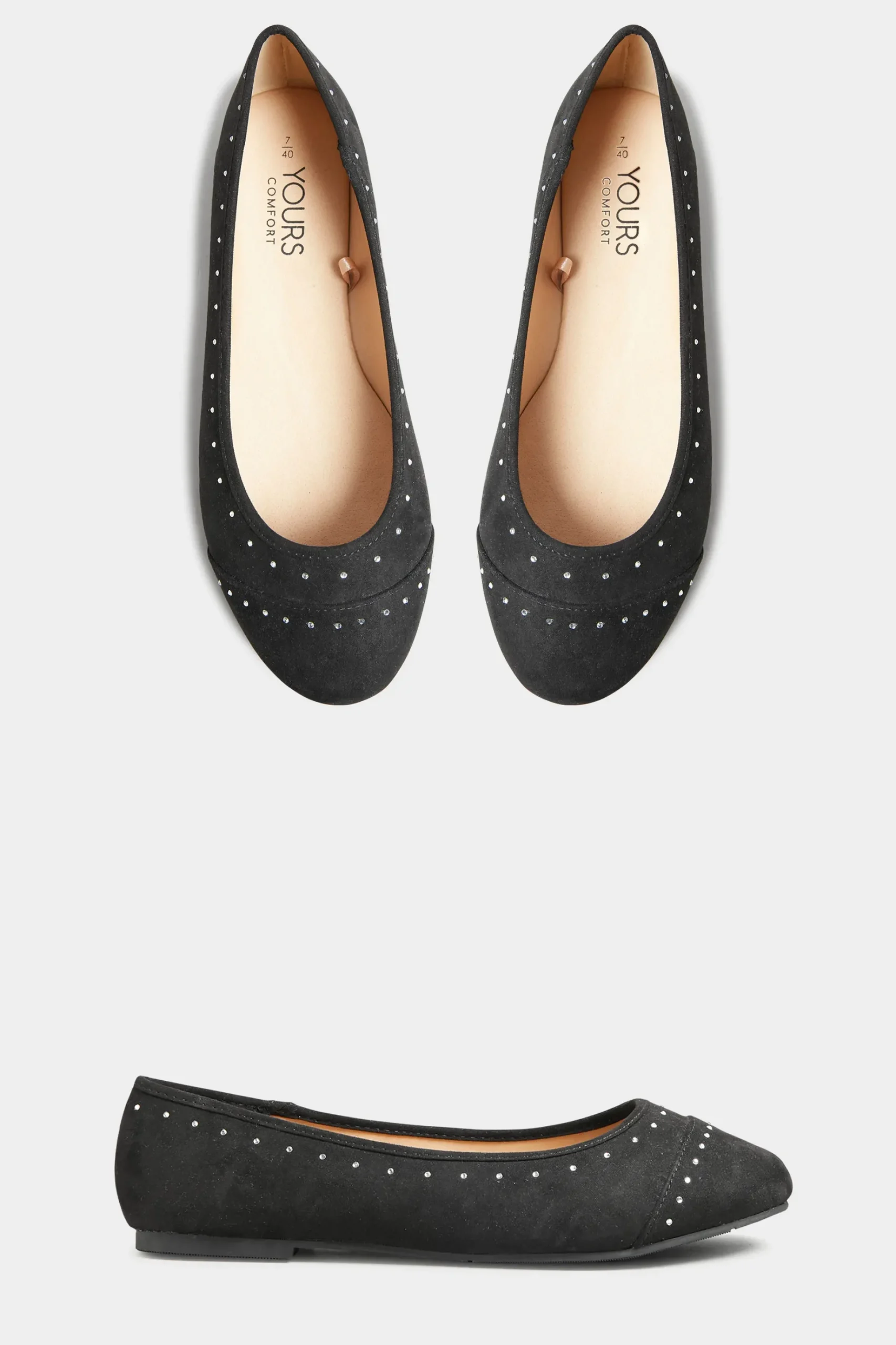 Yours Yours Black Faux Suede Diamante Ballerina Pumps In Wide E Fit & Extra Wide Eee Fit