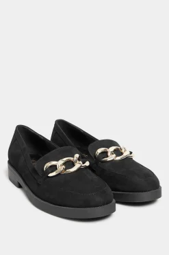 Yours Yours Black Faux Suede Chain Detail Loafers In Wide E Fit & Extra Wide Eee Fit
