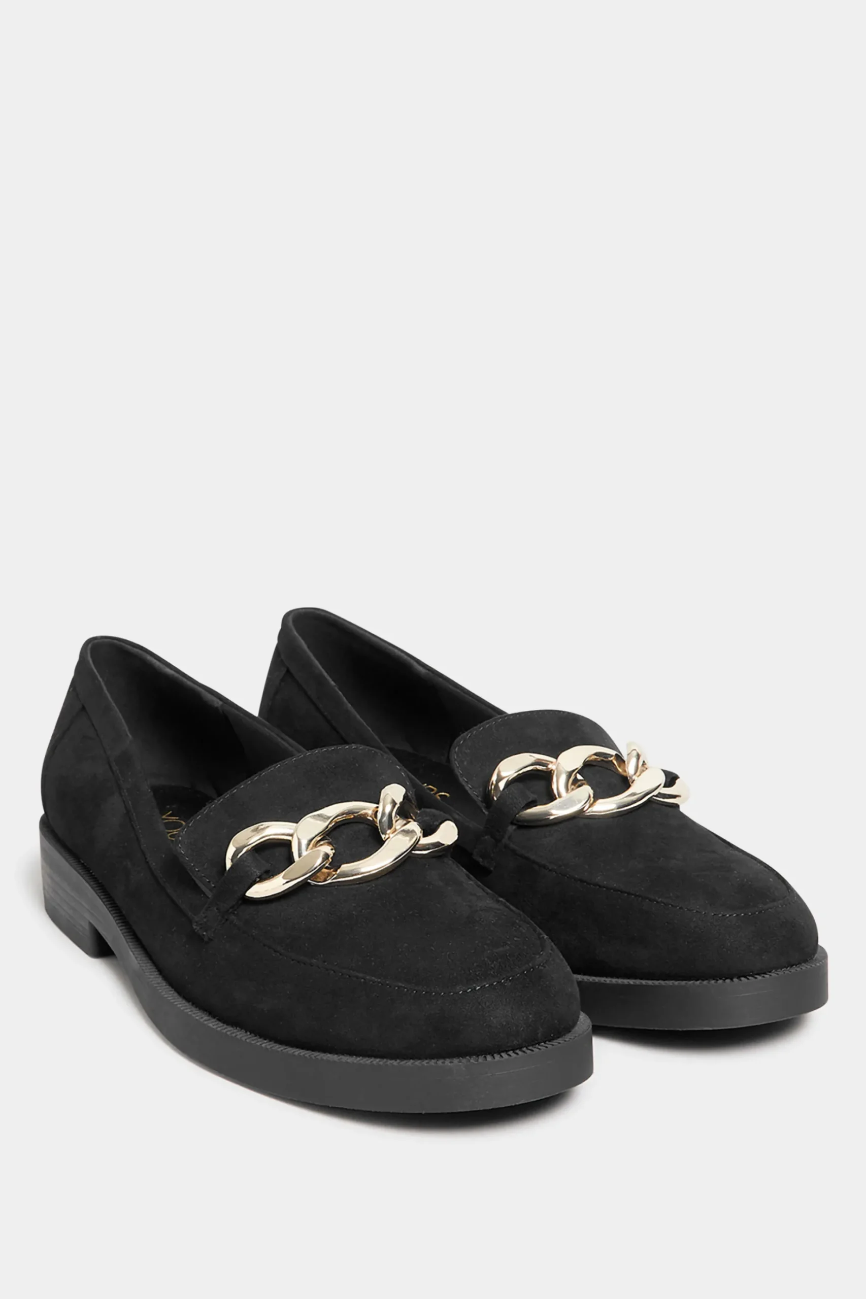 Yours Yours Black Faux Suede Chain Detail Loafers In Wide E Fit & Extra Wide Eee Fit