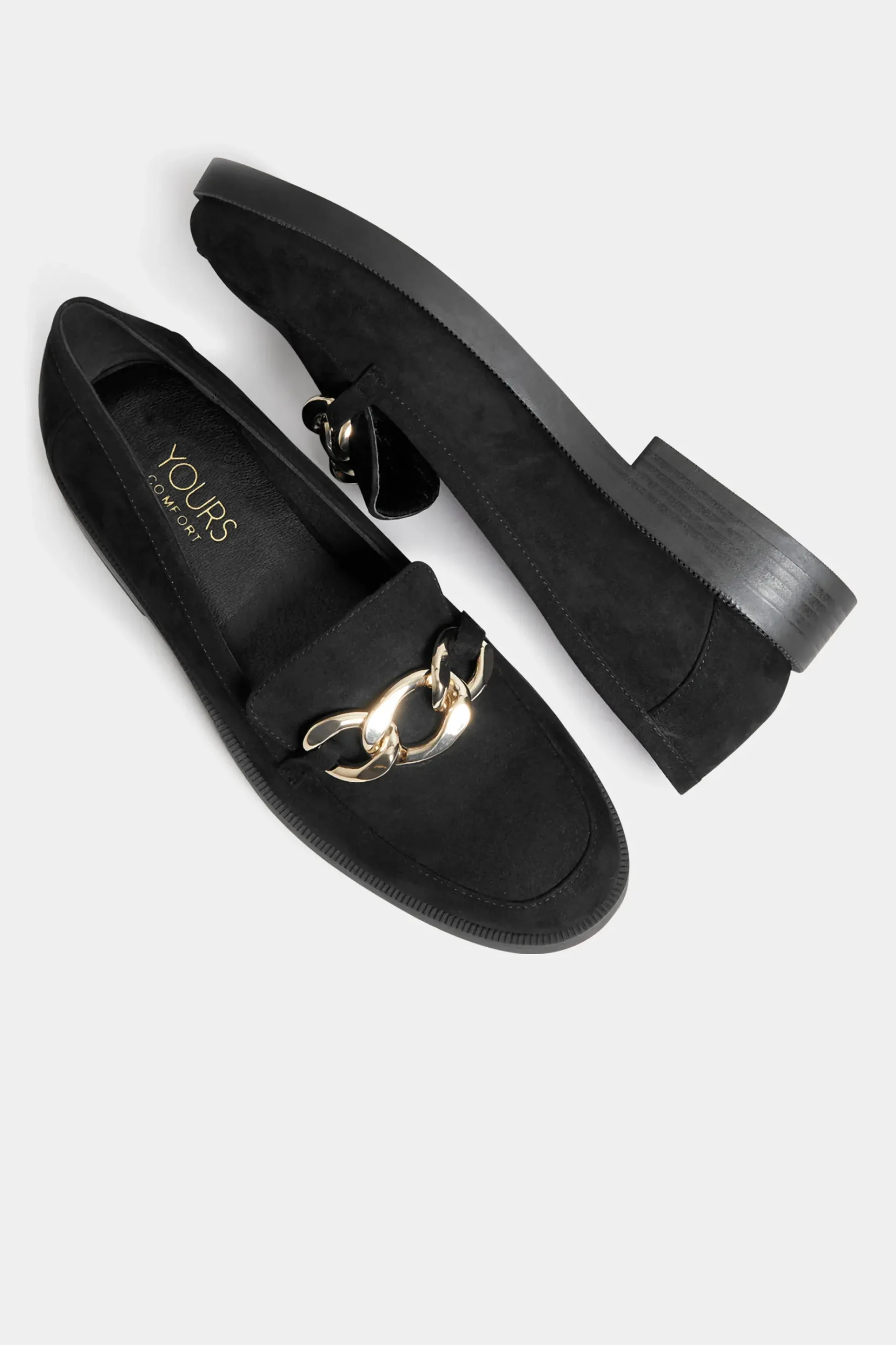 Yours Yours Black Faux Suede Chain Detail Loafers In Wide E Fit & Extra Wide Eee Fit