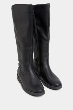 Yours Yours Black Knee High Chain Detail Boots In Wide E Fit & Extra Wide Eee Fit
