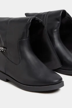 Yours Yours Black Knee High Chain Detail Boots In Wide E Fit & Extra Wide Eee Fit