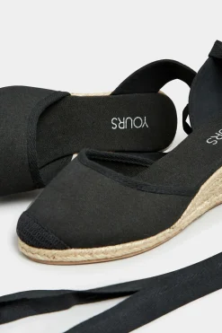 Yours Yours Black Lace Up Espadrille Wedges In Wide E Fit & Extra Wide Eee Fit