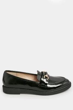 Yours Yours Black Patent Chain Detail Loafer In Wide E Fit & Extra Wide Eee Fit