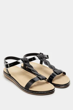 Yours Yours Black Patent Plaited Strap Sandals In Wide E Fit & Extra Wide Eee Fit