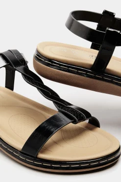 Yours Yours Black Patent Plaited Strap Sandals In Wide E Fit & Extra Wide Eee Fit