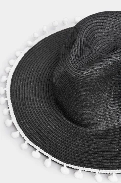 Yours Yours Black Pom Pom Straw Fedora Hat