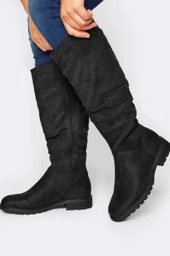 Yours Yours Black Ruched Cleated Boots In Wide E Fit & Extra Wide Eee Fit