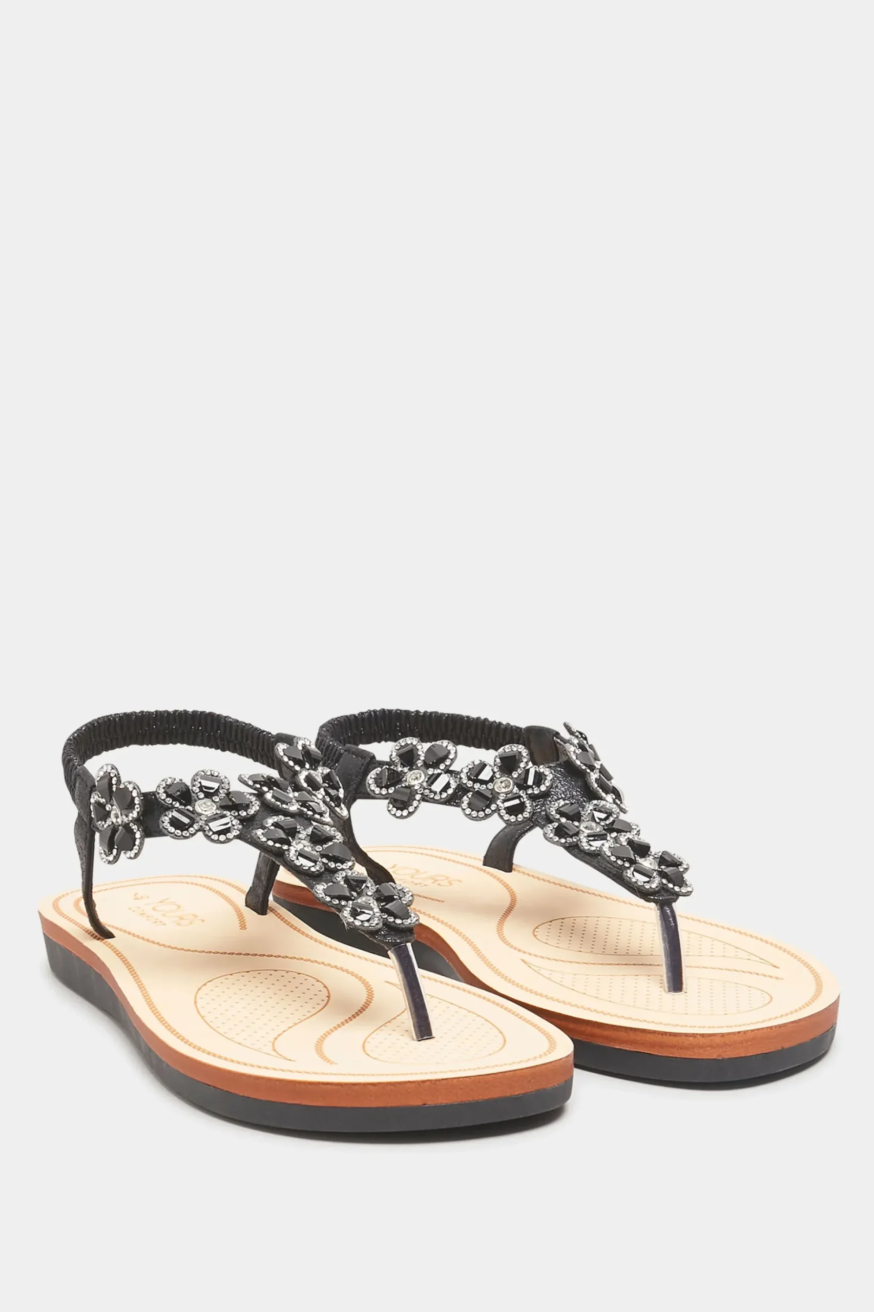 Yours Yours Black Shimmer Diamante Flower Sandals In Wide E Fit & Extra Wide Eee Fit
