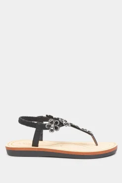 Yours Yours Black Shimmer Diamante Flower Sandals In Wide E Fit & Extra Wide Eee Fit
