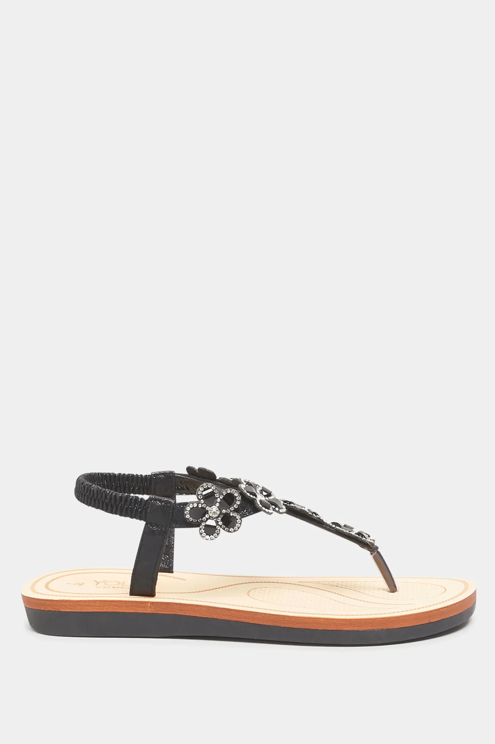 Yours Yours Black Shimmer Diamante Flower Sandals In Wide E Fit & Extra Wide Eee Fit