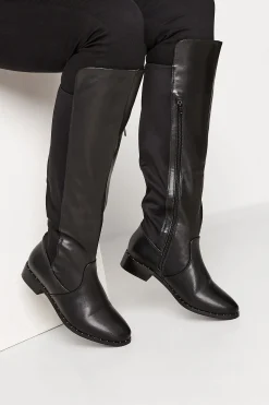 Yours Yours Black Studded Knee High Boots In Wide E Fit & Extra Wide Eee Fit