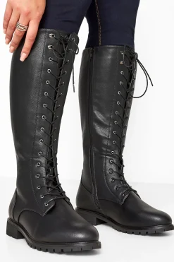 Yours Yours Black Vegan Faux Leather Lace Up Knee High Boots In Wide E Fit & Extra Wide Eee Fit