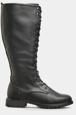Yours Yours Black Vegan Faux Leather Lace Up Knee High Boots In Wide E Fit & Extra Wide Eee Fit
