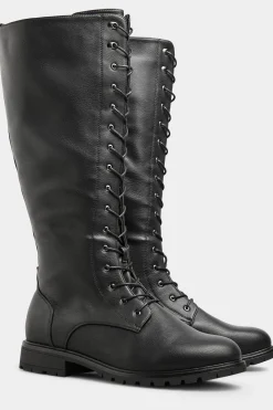Yours Yours Black Vegan Faux Leather Lace Up Knee High Boots In Wide E Fit & Extra Wide Eee Fit