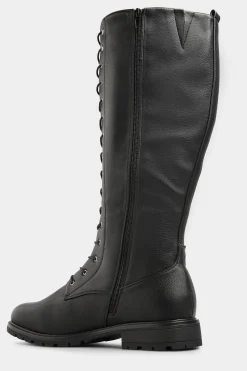 Yours Yours Black Vegan Faux Leather Lace Up Knee High Boots In Wide E Fit & Extra Wide Eee Fit