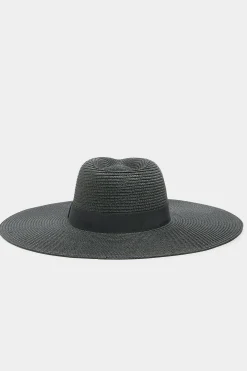 Yours Yours Black Wide Brim Straw Fedora Hat