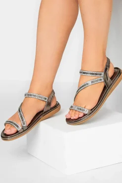 Yours Yours Brown & Silver Sequin Strappy Sandals In Wide E Fit & Extra Wide Eee Fit