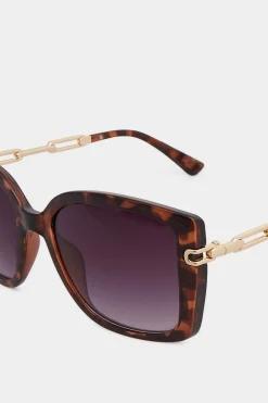 Yours Yours Brown Tortoiseshell Oversized Chain Arm Sunglasses