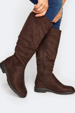 Yours Yours Chocolate Brown Ruched Cleated Boots In Wide E Fit & Extra Wide Eee Fit