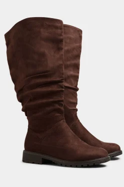 Yours Yours Chocolate Brown Ruched Cleated Boots In Wide E Fit & Extra Wide Eee Fit