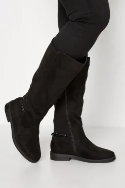 Yours Yours Curve Black Suede Knee High Chain Detail Boots In Wide E Fit & Extra Wide Eee Fit