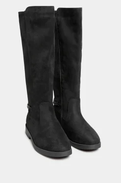 Yours Yours Curve Black Suede Knee High Chain Detail Boots In Wide E Fit & Extra Wide Eee Fit