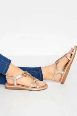 Yours Yours Gold Glitter Floral Diamante Studded Sandals In Wide E Fit & Extra Wide Eee Fit