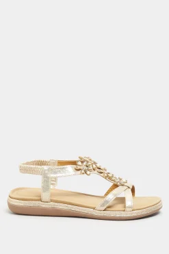 Yours Yours Gold Glitter Floral Diamante Studded Sandals In Wide E Fit & Extra Wide Eee Fit