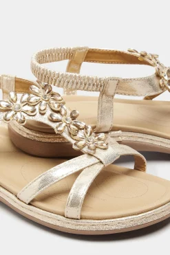 Yours Yours Gold Glitter Floral Diamante Studded Sandals In Wide E Fit & Extra Wide Eee Fit